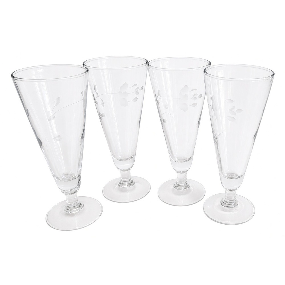 Vintage Etched Pilsner Beer Glasses 7.5" Tall 10 Oz Set Of 4 Footed Base